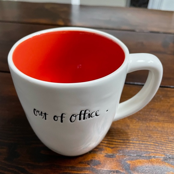 NWOT Rae Dunn OUT OF OFFICE Coffee Mug Tea Cup Cursive Font Red Inside READ - Picture 2 of 8